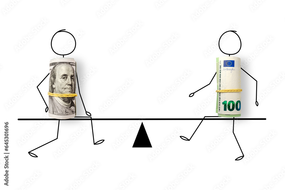 100 US dollars and 100 euros banknotes on scales. Euro and Dollar exchange rate - obrazy, fototapety, plakaty 