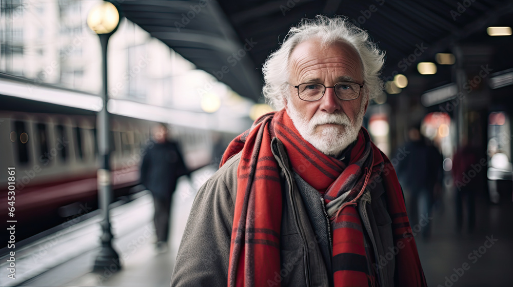 Senior gray-haired man at train station. Waiting for the train or meeting at the station Senior gray-haired man at train station. Waiting for the train or meeting at the station