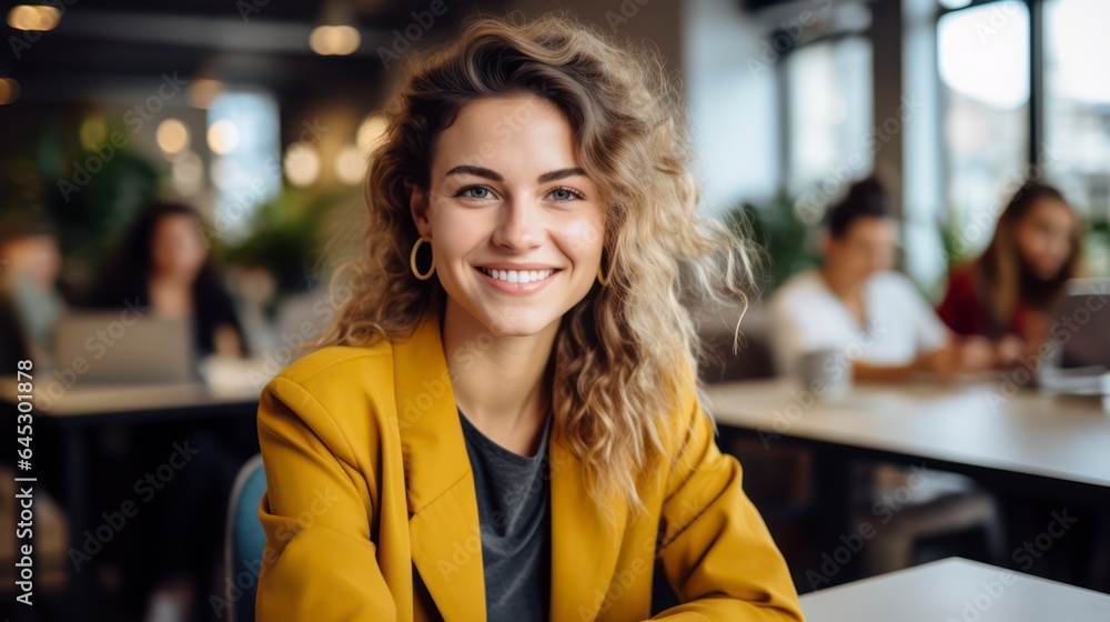 Fototapeta premium beautiful happy woman in yellow jacket
