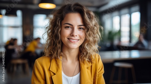 beautiful happy woman in yellow jacket