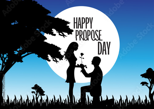 Vector silhouette illustration poster of Happy Propose Day, boy bending on his knees for proposing a girl with rose on blue background. Valentines Day concept. promise day, promise day image.......... © Sushma