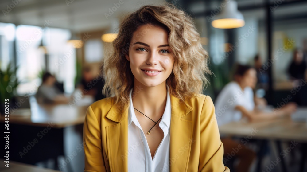 Fototapeta premium beautiful happy woman in yellow jacket