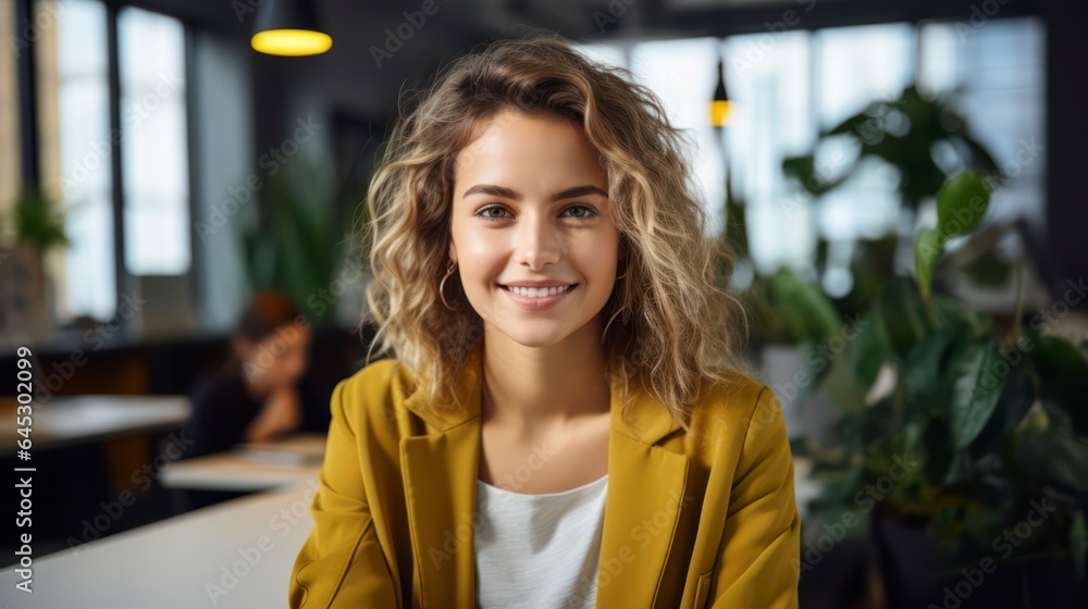 Fototapeta premium beautiful happy woman in yellow jacket