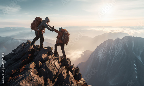 One hiker extending a hand to help a friend reach the summit of a mountain