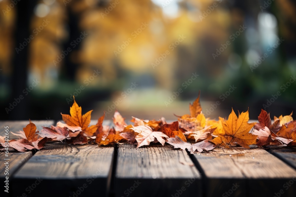 Wooden boards on the background of a blurred autumn park. Wooden boards on the background of a blurred autumn park.