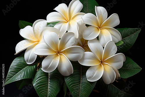 White frangipani flower plumeria alba with green leaves.