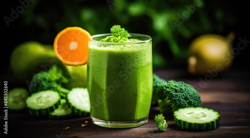 Smoothie close-up composition of fruits, vegetables and glass of detox drink