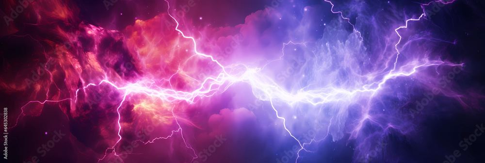 pink and purple lightning hitting each other, colorful lightning, forcce of nature - obrazy, fototapety, plakaty 