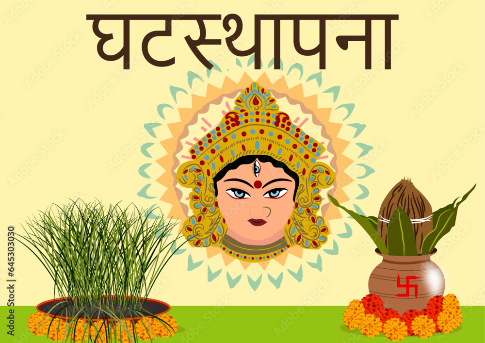 Vector illustration of Ghatasthapana with background of Lord Durga face