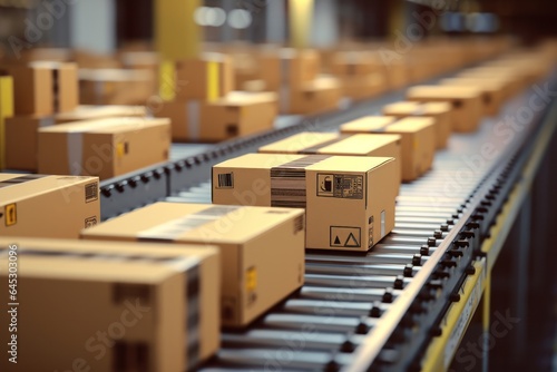Close-up of multiple cardboard box packages on conveyor belt © Denis