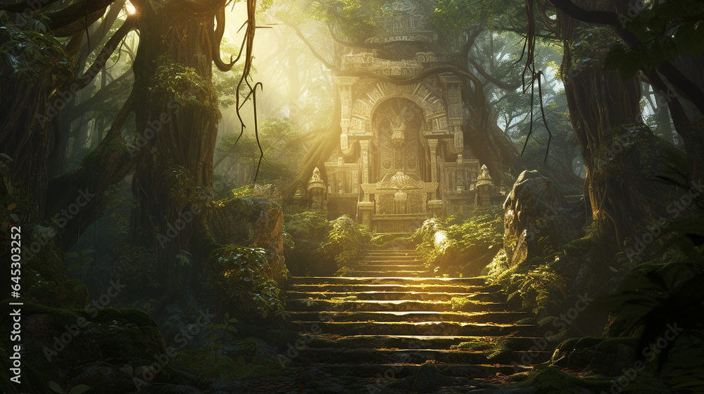 Obraz premium Serene Forest Temple Divine Light Through Ancient Trees - Digital Painting with Intricate Details