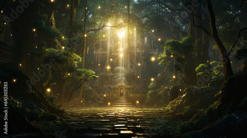 Serene Forest Temple Divine Light Through Ancient Trees - Digital Painting with Intricate Details