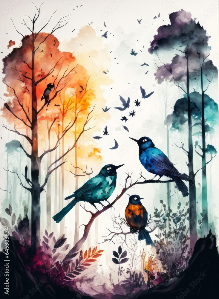 watercolor painting of a forest landscape with birds, butterflies and trees, Generative AI