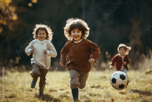 Little children playing football in park. Generate Ai