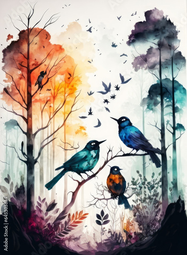 watercolor painting of a forest landscape with birds  butterflies and trees  Generative AI