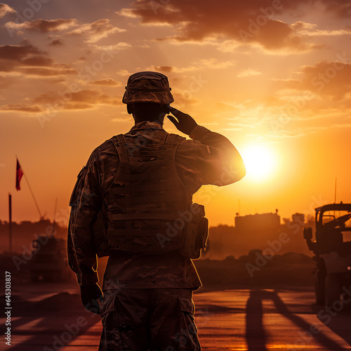 Army soldier saluting at sunset, Generative Ai © Kevin Johansson