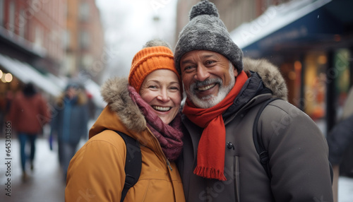 Happy smiling friends in city street in cold winter day. Middle aged mixed race couple wearing warm winter clothes.