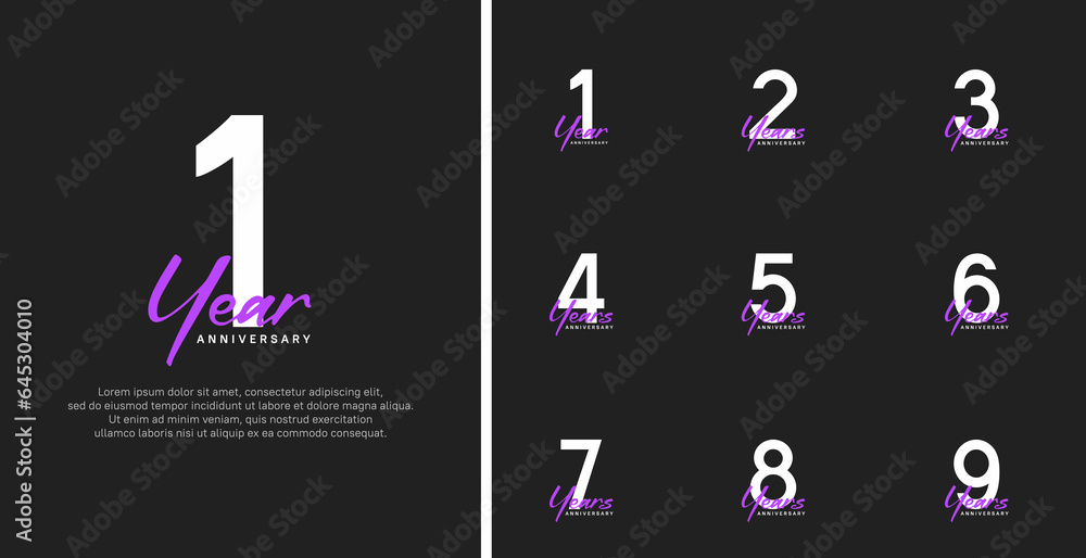 set of anniversary logo flat white color number and purple text on black background for celebration set of anniversary logo flat white color number and purple text on black background for celebration