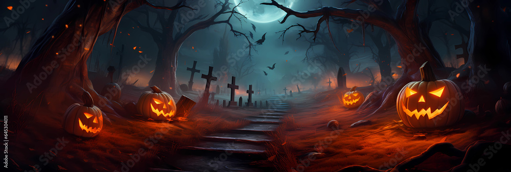 spooky halloween scene with pumpkin lanterns in a cratoon look, haunted horror landscape