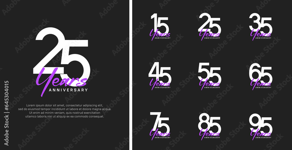 set of anniversary logo flat white color number and purple text on black background for celebration set of anniversary logo flat white color number and purple text on black background for celebration