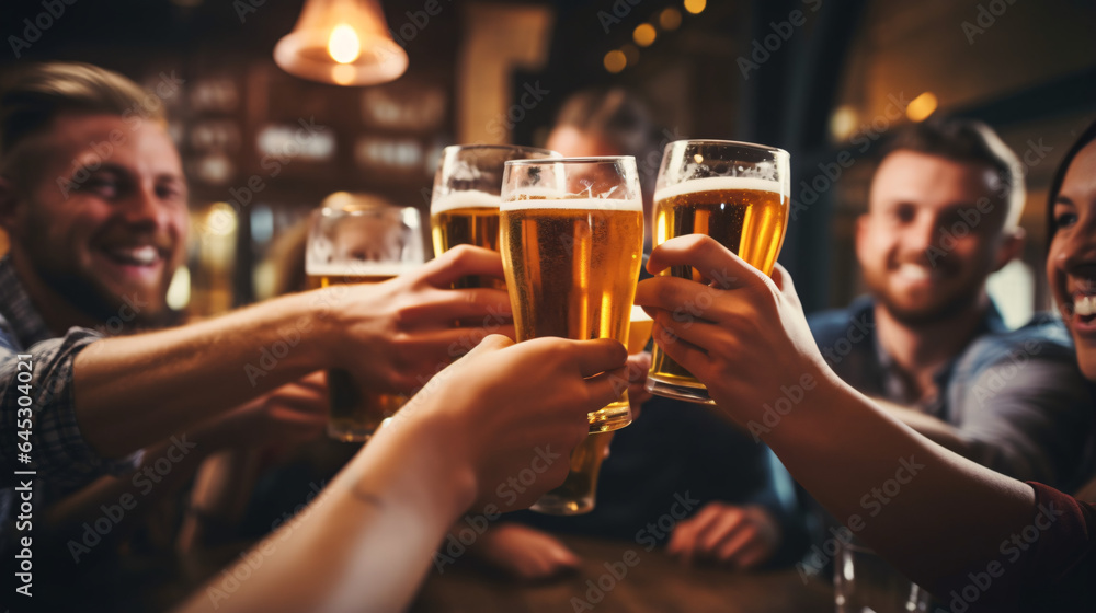 Group of young people drinking beer at a pub, october fest Group of young people drinking beer at a pub, october fest