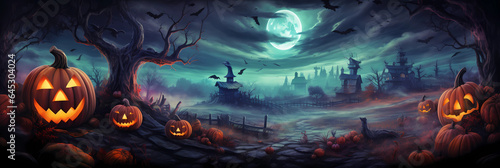 spooky halloween scene with pumpkin lanterns in a cratoon look, haunted horror landscape photo