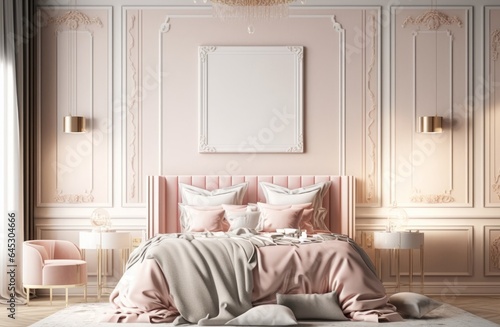 Design of luxury bedroom with pink classical interior Cozy cream colored woolen blanket on king size bed in bright bedroom bedroom classic, Generative AI