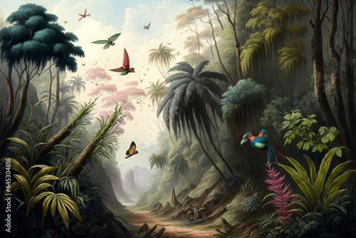 Jungle wallpaper, tropical forests with valleys, colorful birds and butterflies, Generative AI © Rajiv