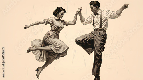 artistic black and white illustration of a lindy hop dancing couple in a retro outfit photo