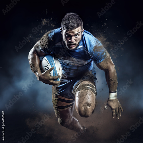 Rugby player with mud on him. Black background