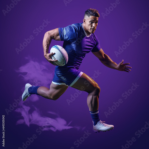 Rugby player executing a technical move. Purple to black gradient