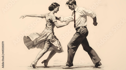 artistic black and white illustration of a lindy hop dancing couple in a retro outfit