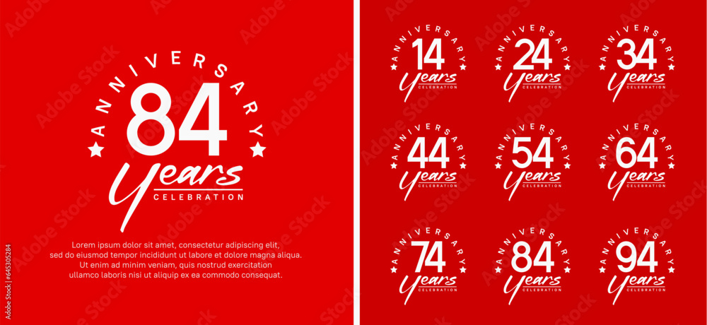 set of anniversary logo flat white color number and white text on red background for celebration