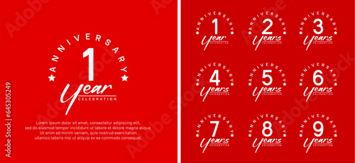 set of anniversary logo flat white color number and white text on red background for celebration