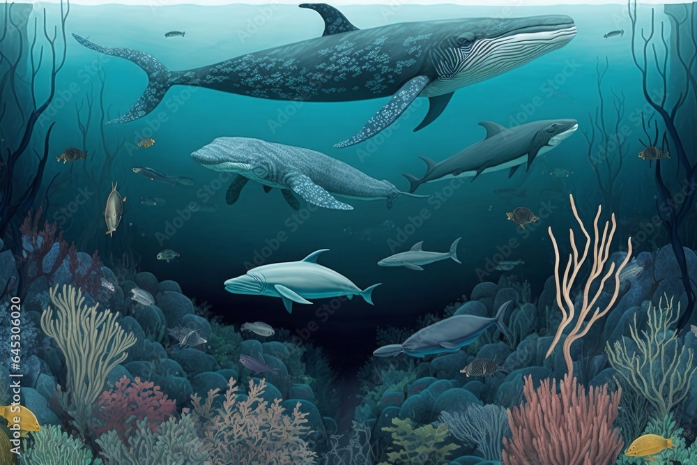 Fototapeta premium ocean wallpaper with whales, fish, corals, marine plants, crustaceans, sharks, squid, jellyfish, Generative AI