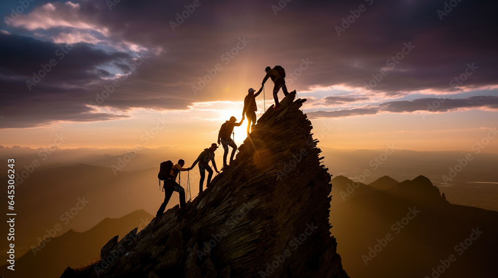 Fototapeta premium Team of mountain climbers helping each other reach the top of the mountain