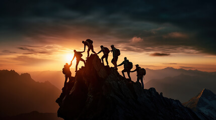 Group of people on peak mountain climbing helping team work
