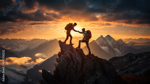 Hiker helping friend reach the mountain top