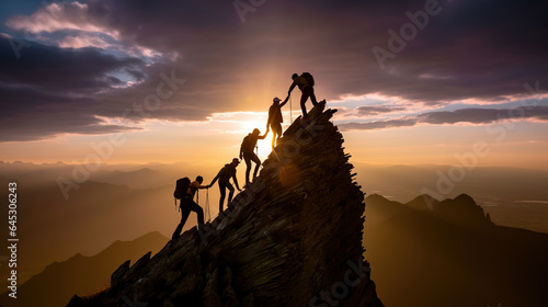 Team of mountain climbers helping each other reach the top of the mountain