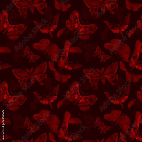 Watercolor painting of Twilight moth. Gothic Seamless pattern with hawk moth. Butterfly with big wings on red background. Scarry Illustration of large night flying insects in maroon color. Сamouflage  photo