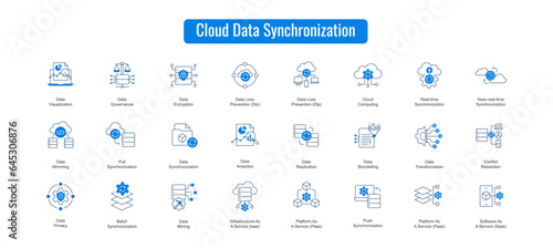 Cloud Data Synchronization Icons for SaaS, IaaS, PaaS, and More. Vector Editable Stroke.