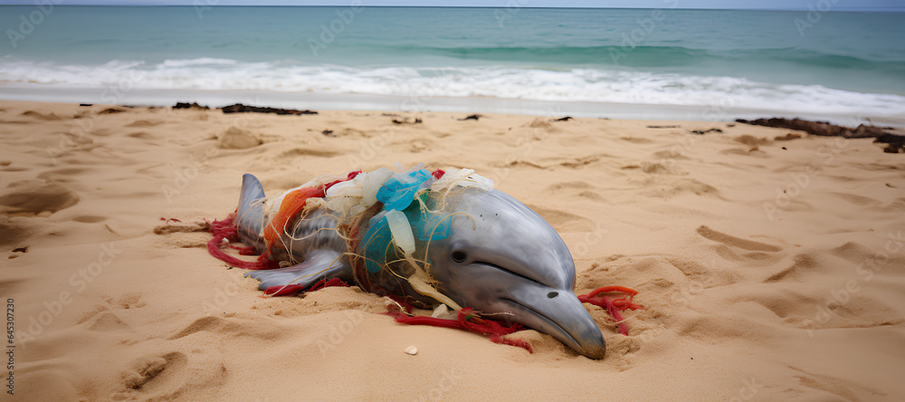Obraz premium a dolphin tangled in plastic bags and ropes is washed up on the beach, sea pollution