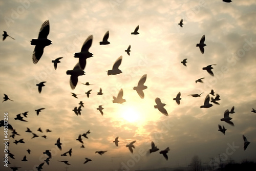 Group murmuration nature blue sky flying birds © VICHIZH