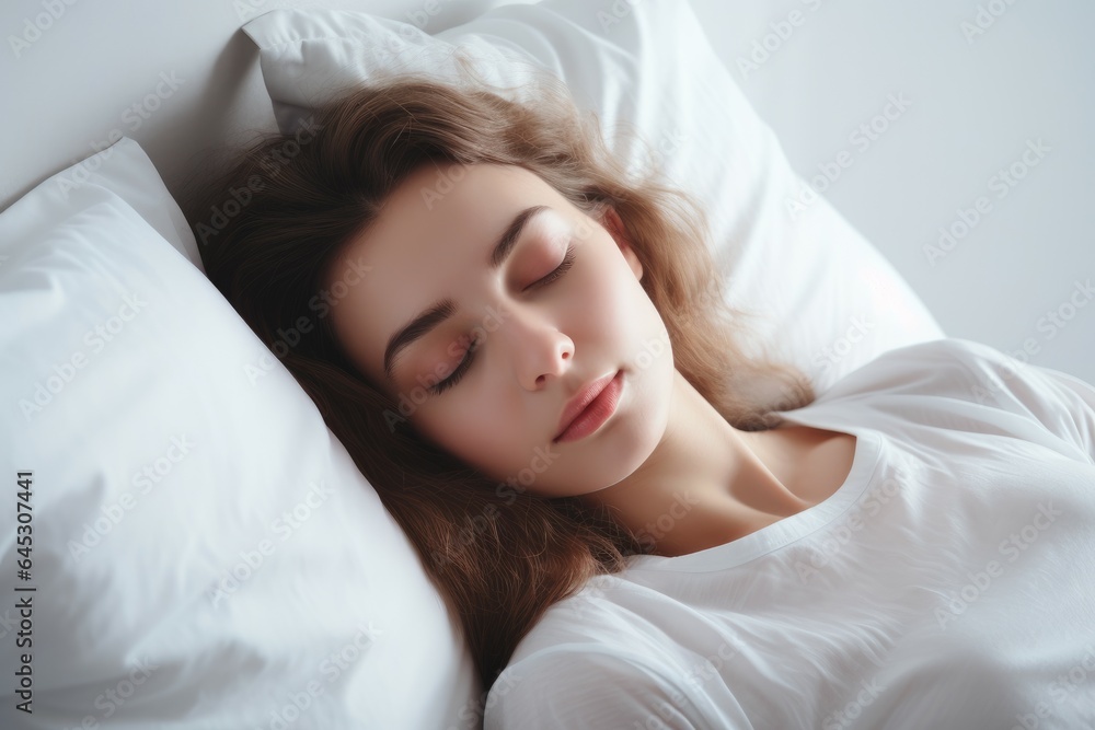 Young woman sleeping on white pillow. Generate Ai Young woman sleeping on white pillow. Generate Ai