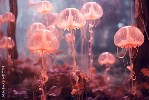  pink glass futuristic jellyfish mushrooms in a magical forest fairy © Aksana