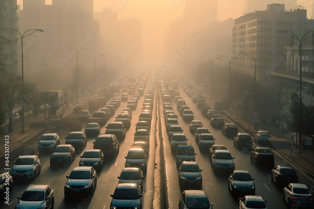 car stuck in traffic with visible exhaust fumes, air pollution - obrazy, fototapety, plakaty 