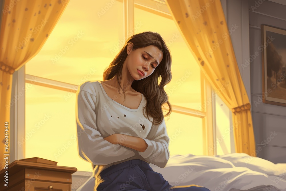 Young woman discomfort abdominal pain. Generate Ai