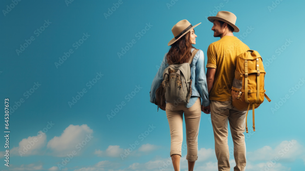 Traveling backpacker Couple looking something and holding each other.
