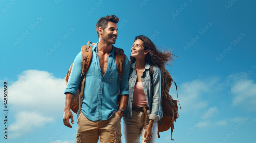 Traveling backpacker Couple looking something and holding each other.