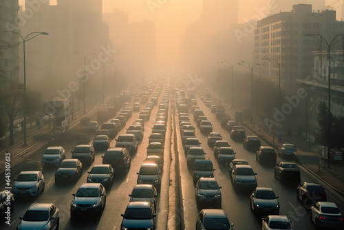 Fotografia car stuck in traffic with visible exhaust fumes, air pollution